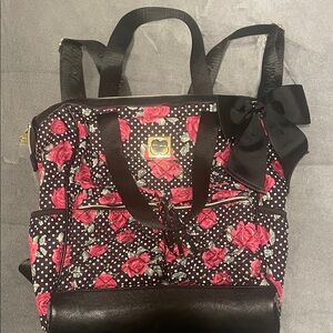 Betsy Johnson Luv Backpack Travel Bag Black with Roses/Dots and Bow with Pockets